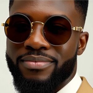 Round Sunglasses Gold Frame Wood Accent Men's Fashion Classic 80's 90's Retro